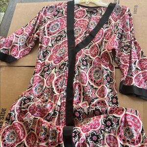 Women’s Pink Paisley Wrap Dress with Black Trim